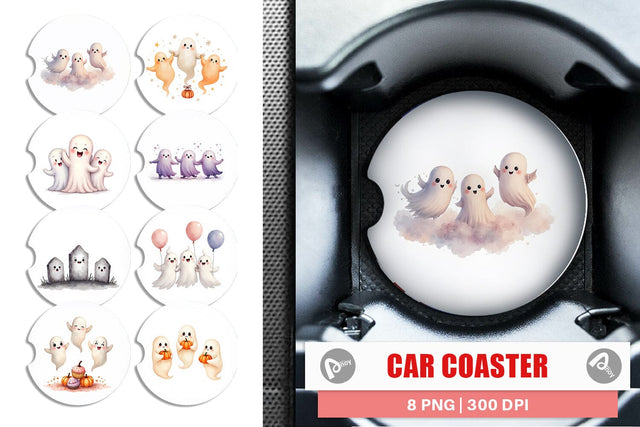 Car Coaster Watercolor Ghost Trio Sublimation artnoy 