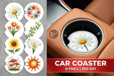 Car Coaster Watercolor Groovy Garden 70s Retro Watercolor Florals Sublimation artnoy 