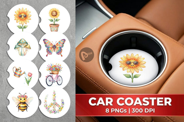 Car Coaster Watercolor Groovy Retro Floral Garden Sublimation artnoy 