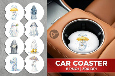 Car Coaster Watercolor Grumpy Rainy Day Ghost Art Sublimation artnoy 