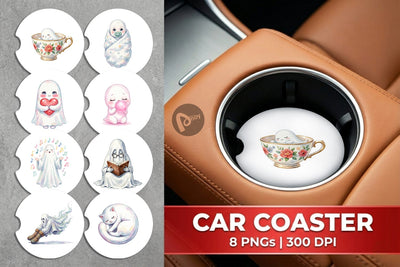 Car Coaster Watercolor Kawaii Pastel Sleepy Ghost Sublimation artnoy 