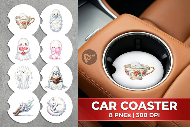Car Coaster Watercolor Kawaii Pastel Sleepy Ghost Sublimation artnoy 