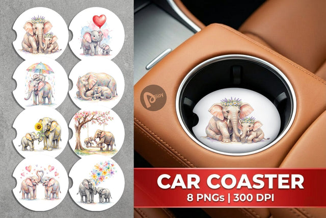 Car Coaster Watercolor Mom And Baby Elephant Love Art Sublimation artnoy 