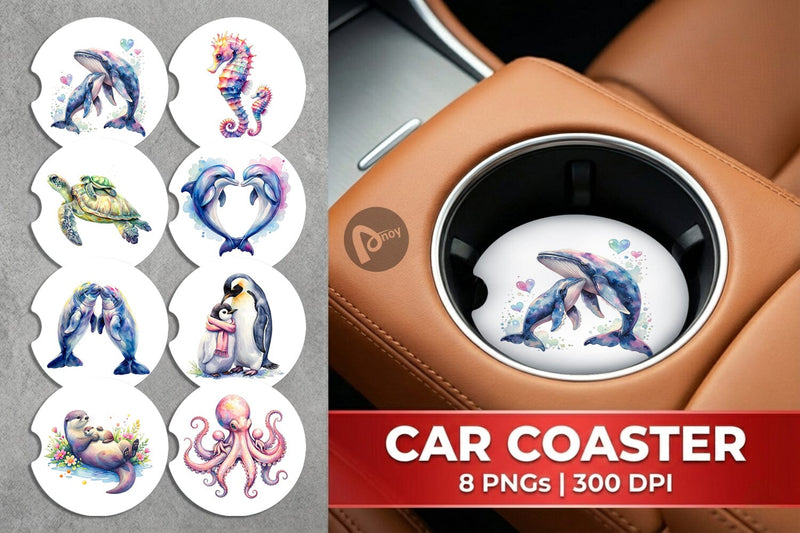 Car Coaster Watercolor Mom and Baby Ocean Animals Sublimation artnoy 