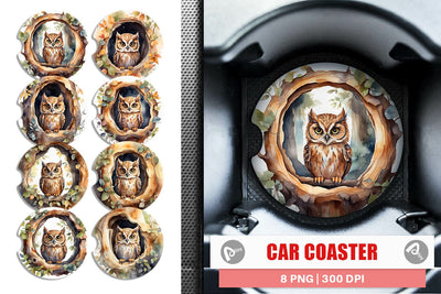 Car Coaster Watercolor Owl Sublimation artnoy 