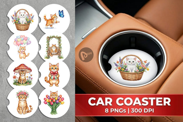 Car Coaster Watercolor Pastel Garden Cat Celebration Sublimation artnoy 