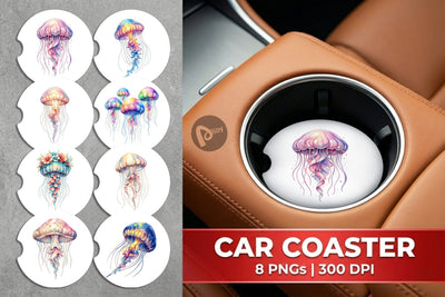 Car Coaster Watercolor Pastel Jellyfish Lace Ribbon Sublimation artnoy 