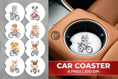 Car Coaster Watercolor Puppy Eye Dogs on Bicycle Sublimation artnoy 