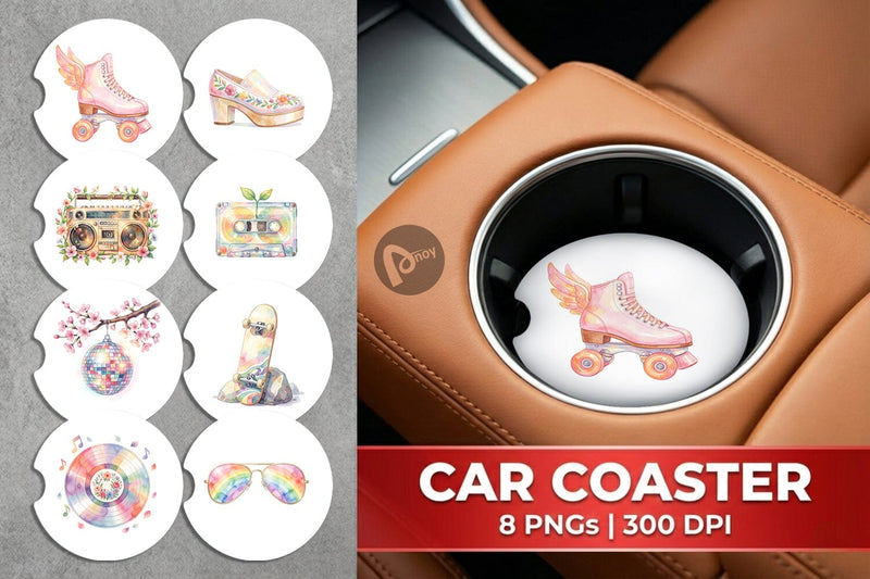 Car Coaster Watercolor Retro 70s Roller Disco Art Sublimation artnoy 