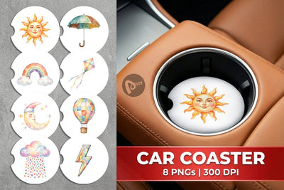 Car Coaster Watercolor Retro 70s Sun And Celestial Sublimation artnoy 