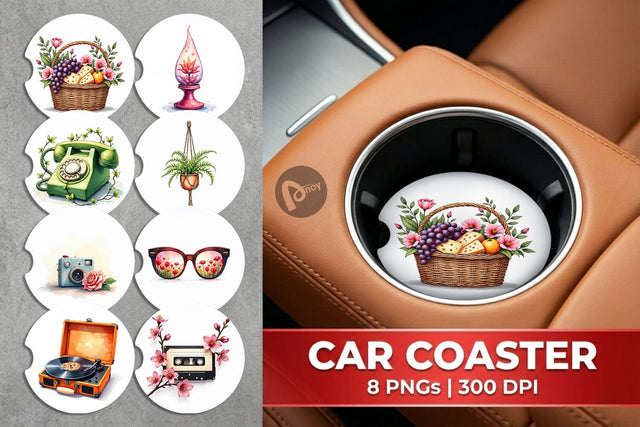 Car Coaster Watercolor Retro Picnic & Pastimes 70s Lifestyle Sublimation artnoy 