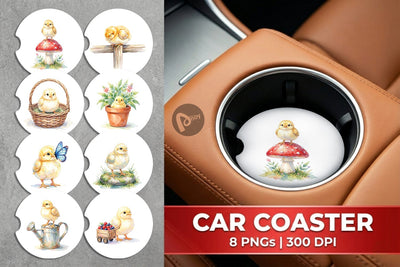 Car Coaster Watercolor Rustic Garden Easter Chicks Sublimation artnoy 