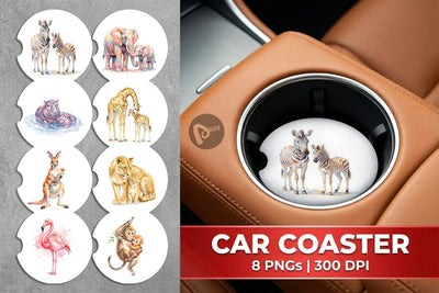Car Coaster Watercolor Safari Mom And Baby Animal Sublimation artnoy 