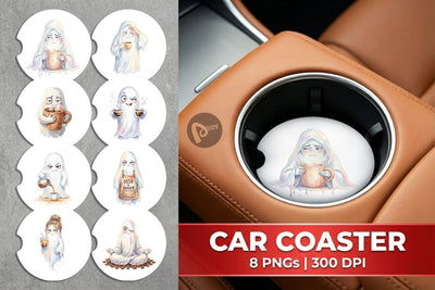Car Coaster Watercolor Sarcastic Morning Coffee Ghost Sublimation artnoy 