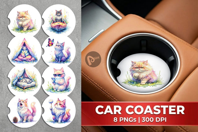 Car Coaster Watercolor Sassy Sarcastic Camping Cat Sublimation artnoy 
