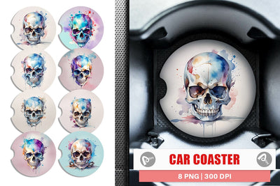 Car Coaster Watercolor Skull Sublimation artnoy 