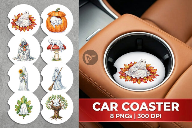 Car Coaster Watercolor Sleepy Autumn Pumpkin Ghost Sublimation artnoy 