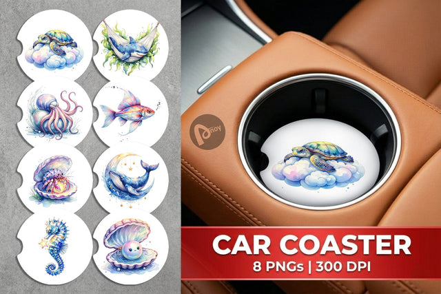 Car Coaster Watercolor Sleepy Baby Ocean Animals Sublimation artnoy 