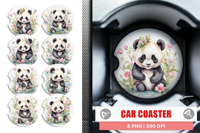 Car Coaster Watercolor Spring Panda Sublimation artnoy 