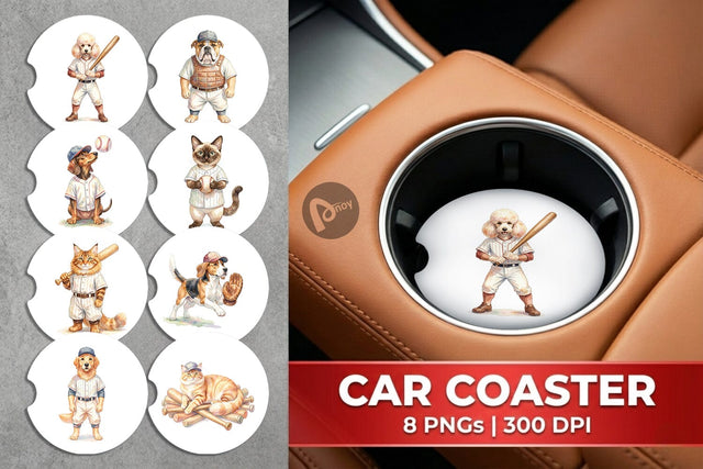 Car Coaster Watercolor Vintage Pet Animal Baseball Sublimation artnoy 