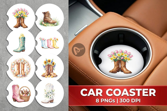 Car Coaster Watercolor Western Easter Cowboy Boots Sublimation artnoy 