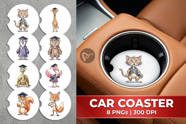 Car Coaster Watercolor Whimsical Animal Graduates Sublimation artnoy 