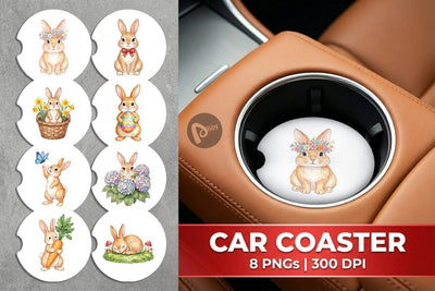 Car Coaster Watercolor Whimsical Spring Bunny Art Sublimation artnoy 