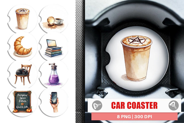 Car Coaster Watercolor Witchy Coffee Shop Sublimation artnoy 