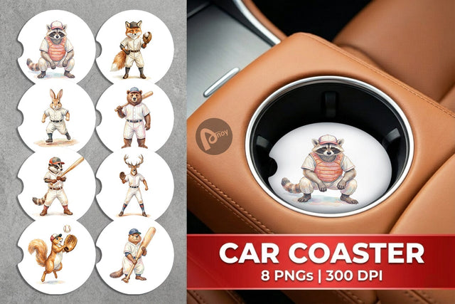 Car Coaster Watercolor Woodland Animal Baseball Sublimation artnoy 