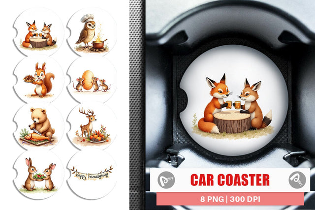 Car Coaster Watercolor Woodland Friendsgiving Sublimation artnoy 