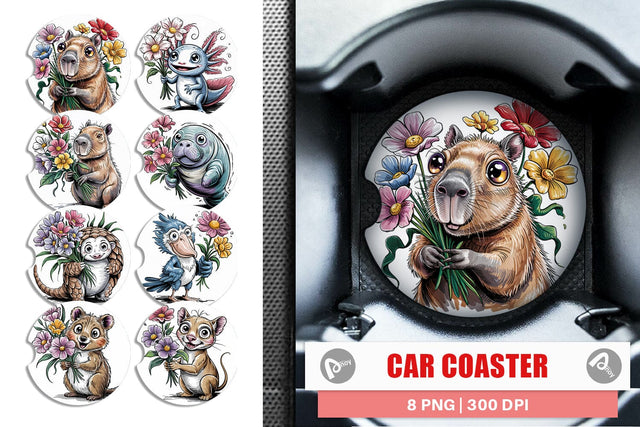 Car Coaster Whimsical Animal Bouquet Sublimation artnoy 