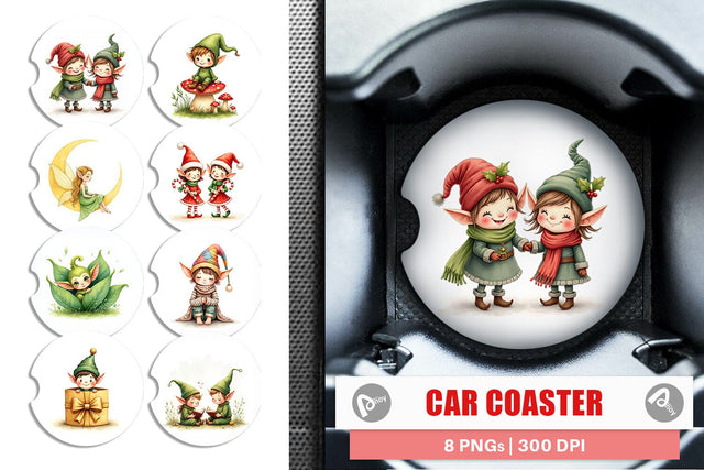 Car Coaster Whimsical Christmas Elves Sublimation artnoy 