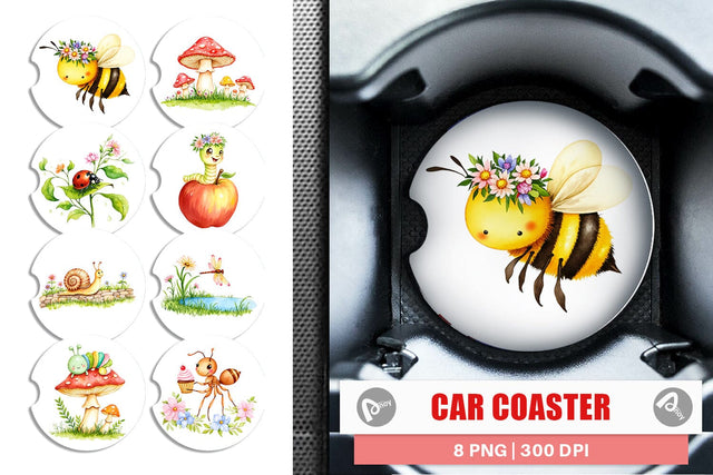 Car Coaster Whimsical Garden Creatures Sublimation artnoy 