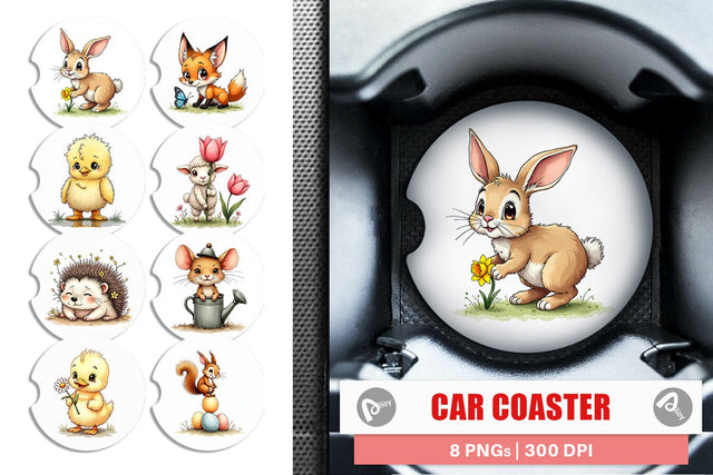 Car Coaster Whimsical Spring Critters Sketch & Watercolor Sublimation artnoy 