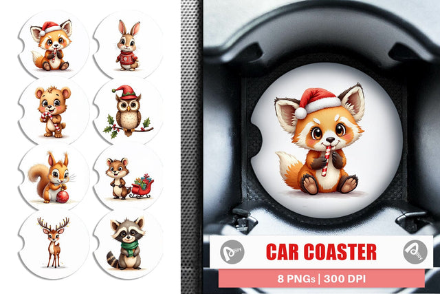 Car Coaster Whimsical Woodland Christmas Vintage Watercolor Animals Sublimation artnoy 