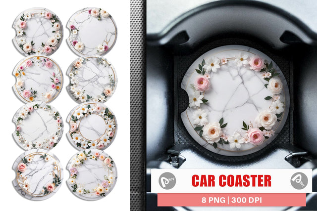 Car Coaster White Marble with Flower Sublimation artnoy 