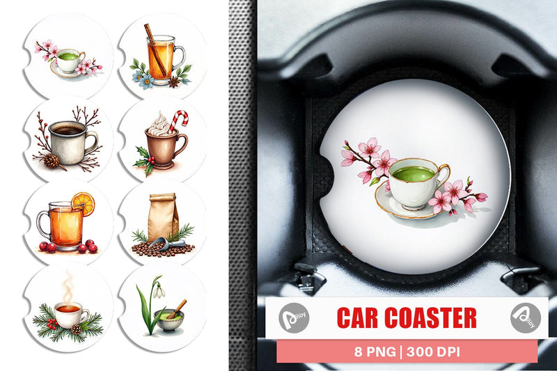 Car Coaster Winter Botanicals & Warm Brews Sublimation artnoy 