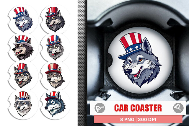 Car Coaster Wolf Patriotic Sublimation artnoy 