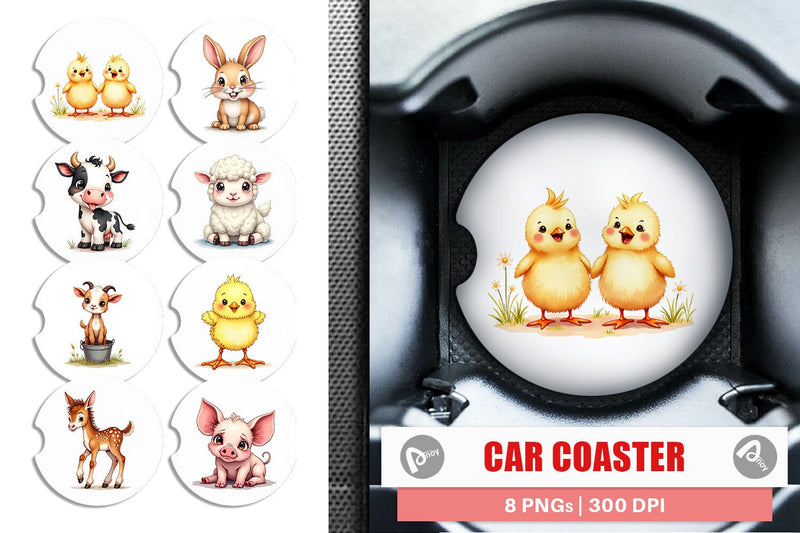 Car Coaster Wonky Barnyard Babies Watercolor Sublimation artnoy 