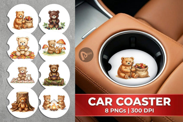 Car Coaster Woodland Forest Teddy Bear Watercolor Sublimation artnoy 