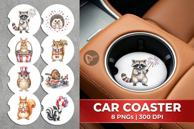 Car Coaster Woodland Patriotic Animals Watercolor Sublimation artnoy 