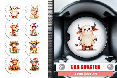Car Coaster Year-Round UglyCute Highland Cow Seasonal Watercolor Sublimation artnoy 