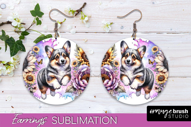 Cardigan Welsh Corgi Earrings - Dog Mom Floral Round Earring Sublimation Sublimation OrangeBrushStudio 