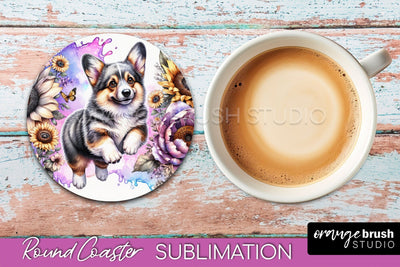 Cardigan Welsh Corgi Round Coaster - Dog Mom Floral Coaster Sublimation Sublimation OrangeBrushStudio 