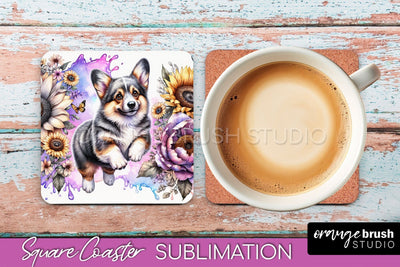 Cardigan Welsh Corgi Square Coaster - Dog Mom Floral Coaster Sublimation Sublimation OrangeBrushStudio 