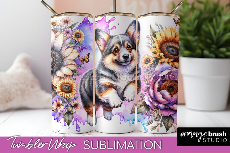 Cardigan Welsh Corgi Tumbler Wrap - Dog Mom Floral Tumbler Sublimation Sublimation OrangeBrushStudio 