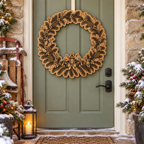 Cardinal Christmas Wreath Laser SVG | Lantern & Birds Door Hanger Cut File | Engraved Wood Christmas Sign | Glowforge xTool DXF EPS SVG HappyDesignStudio 