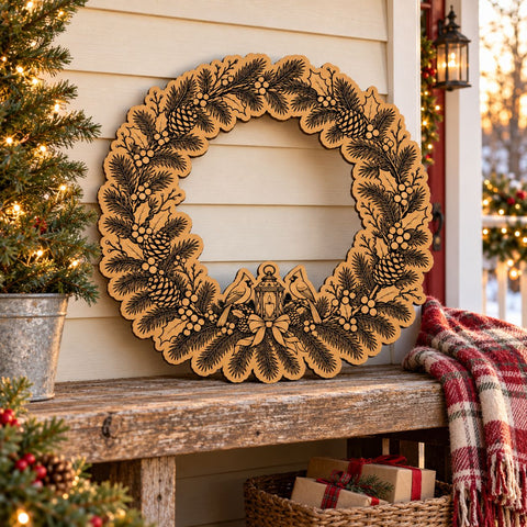 Cardinal Christmas Wreath Laser SVG | Lantern & Birds Door Hanger Cut File | Engraved Wood Christmas Sign | Glowforge xTool DXF EPS SVG HappyDesignStudio 