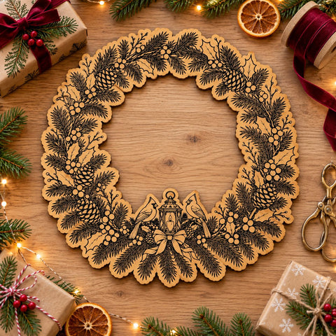Cardinal Christmas Wreath Laser SVG | Lantern & Birds Door Hanger Cut File | Engraved Wood Christmas Sign | Glowforge xTool DXF EPS SVG HappyDesignStudio 