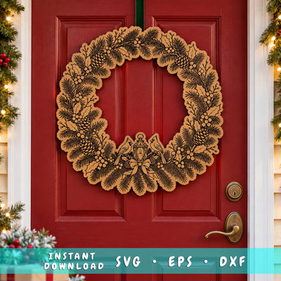 Cardinal Christmas Wreath Laser SVG | Lantern & Birds Door Hanger Cut File | Engraved Wood Christmas Sign | Glowforge xTool DXF EPS SVG HappyDesignStudio 